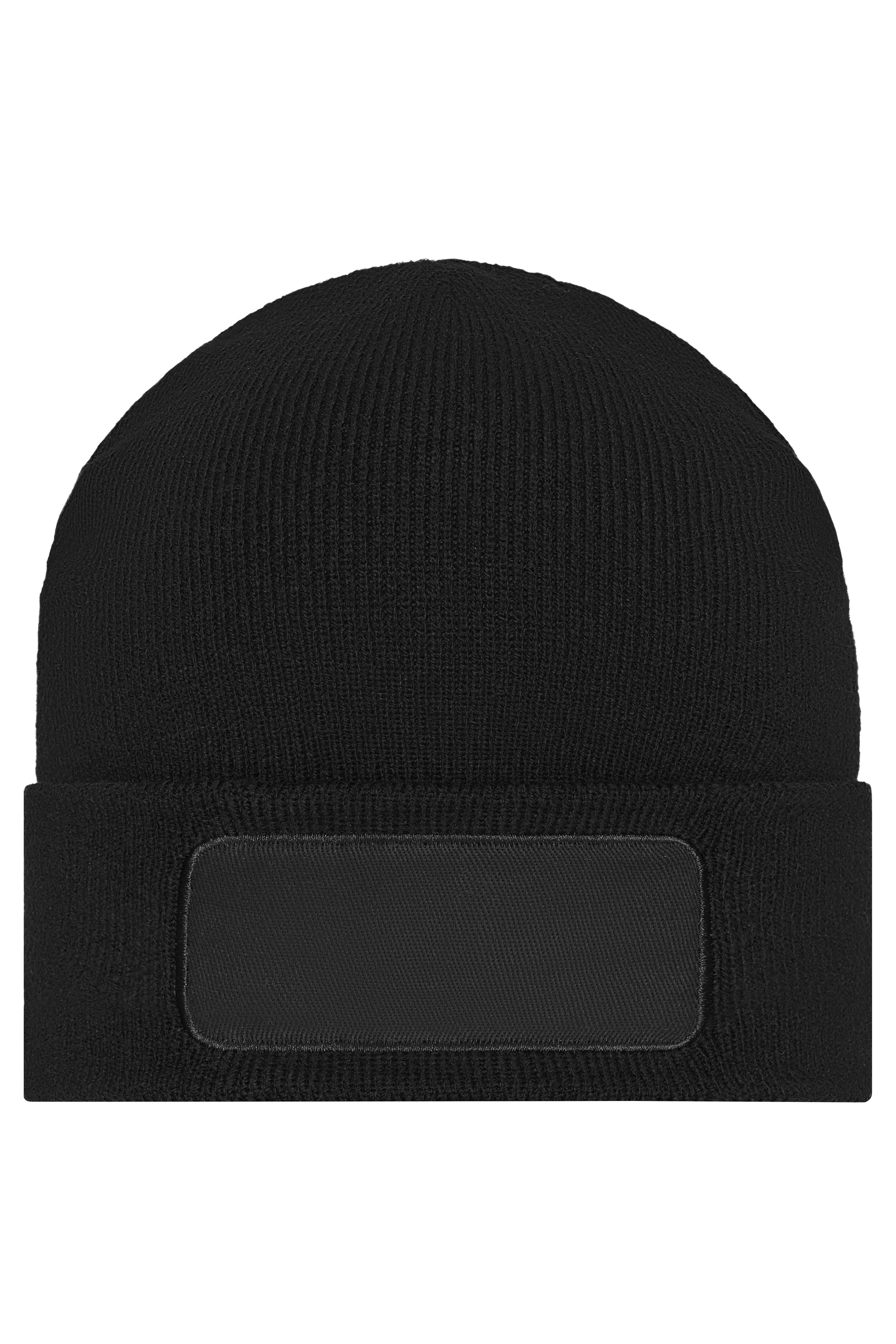 MB7403 - Knitted Beanie with Patch (10cm x 5cm) in black Größe one size von Daiber
